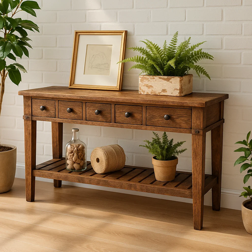 Handcrafted Solid Wood Console Table – Rustic Farmhouse Entryway Table with Drawers and Shelf