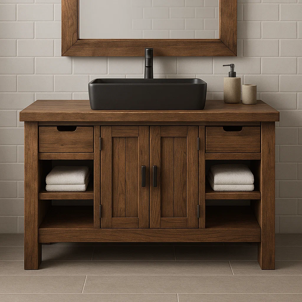 Handcrafted Solid Wood Bathroom Vanity – Modern Farmhouse Cabinet with Shelves and Storage Drawers