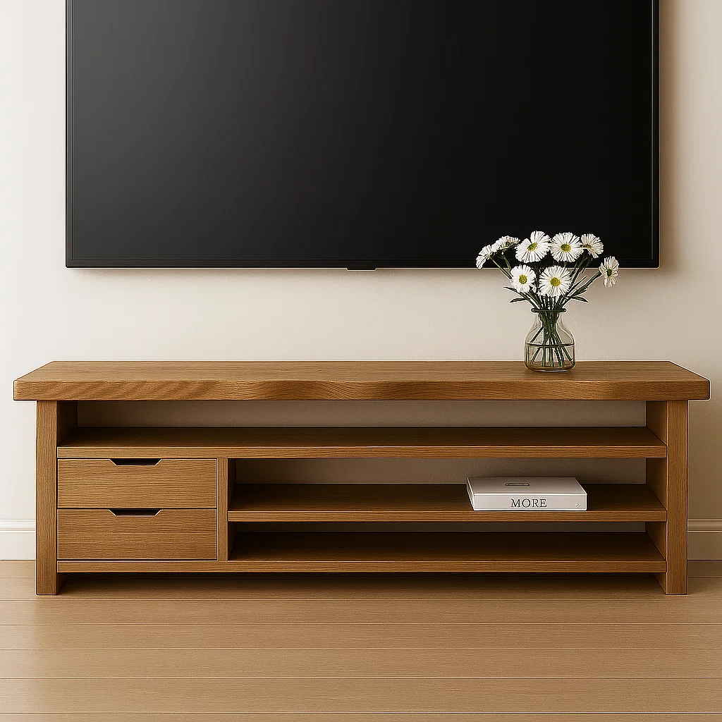Handcrafted Solid Wood TV Stand with Live Edge Top – Modern Minimal Media Console with Drawers & Open Shelves