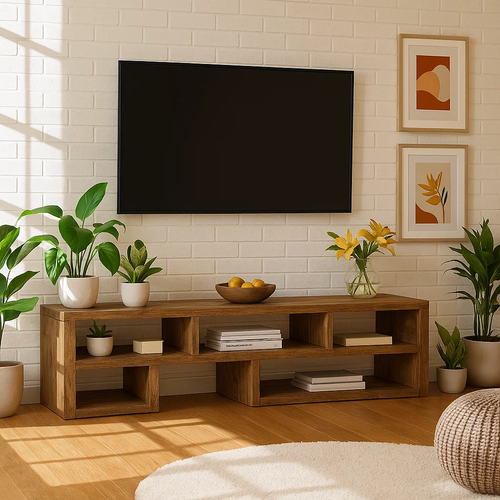 Handcrafted Solid Wood TV Stand – Minimalist Open Shelf Media Console for Modern Interiors