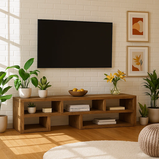 Handcrafted Solid Wood TV Stand – Minimalist Open Shelf Media Console for Modern Interiors