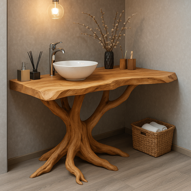 Handcrafted Solid Wood Bathroom Vanity – Sculptural Tree Root Design with Natural Live Edge
