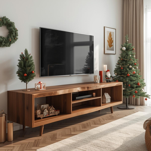Handcrafted Solid Wood TV Stand with Mid-Century Design and Natural Finish for Modern Living Rooms