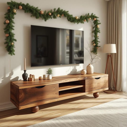 Handcrafted Solid Wood TV Stand with Natural Live Edge Design and Modern Rounded Base Legs