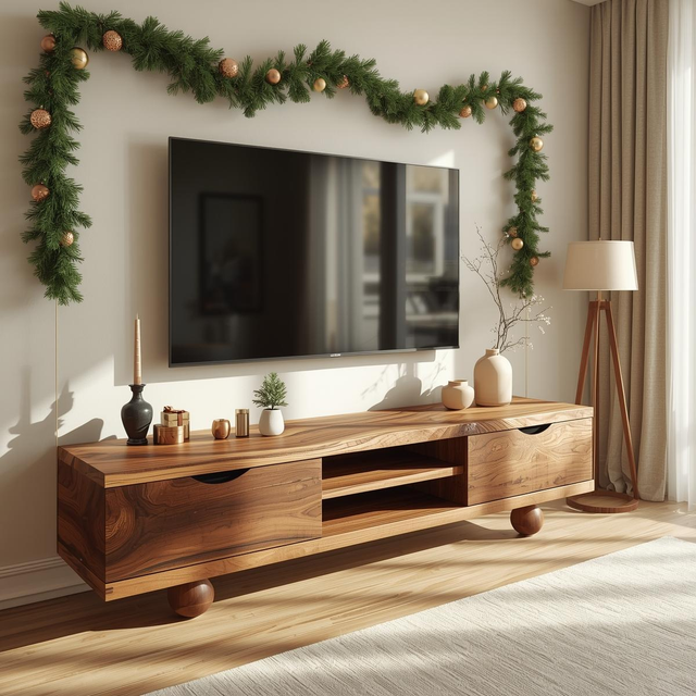 Handcrafted Solid Wood TV Stand with Natural Live Edge Design and Modern Rounded Base Legs