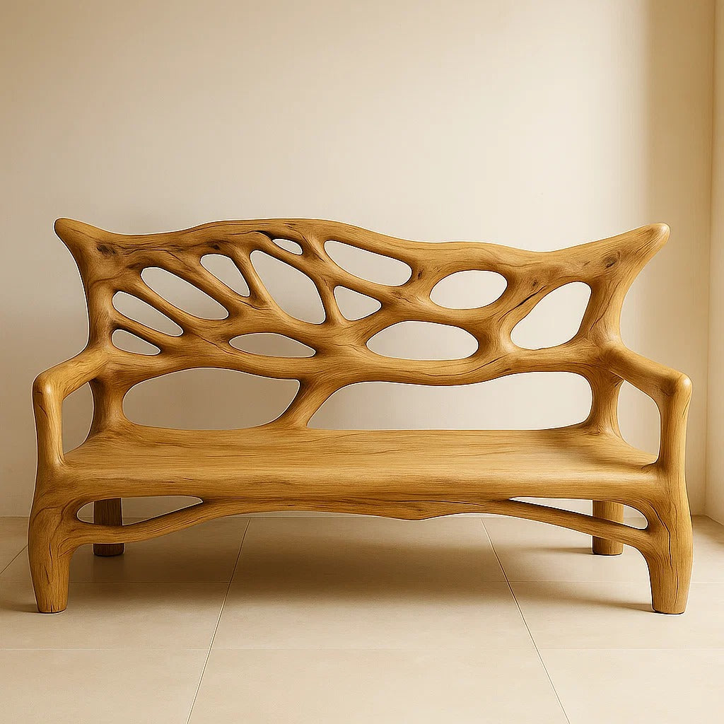 Handcrafted Solid Wood Bench – Sculptural Oak Art Bench with Organic Carved Backrest Design