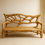 Handcrafted Solid Wood Bench – Sculptural Oak Art Bench with Organic Carved Backrest Design