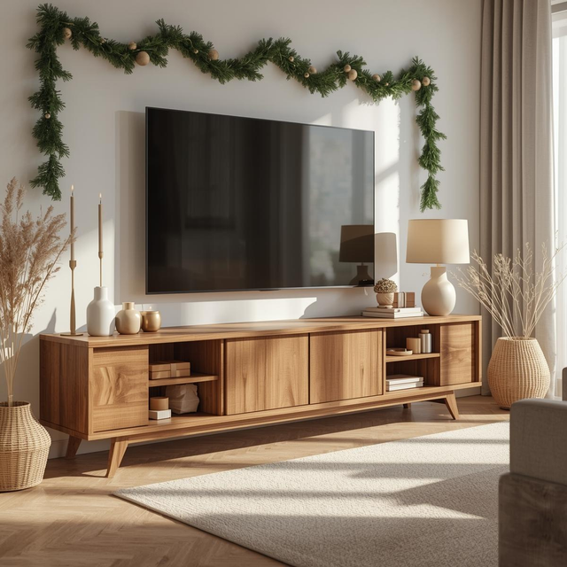 Handcrafted Solid Wood TV Stand with Sliding Doors and Mid-Century Modern Minimalist Design