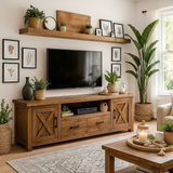 Handcrafted Solid Wood TV Stand with Barn Doors – Rustic Farmhouse Media Console Unit