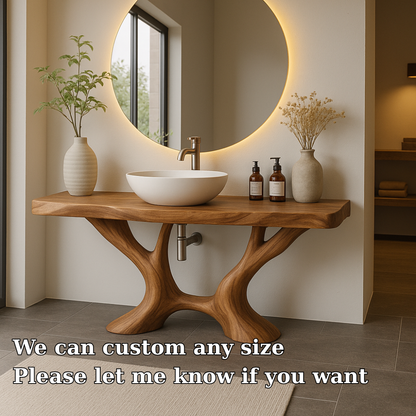 Handcrafted Solid Wood Bathroom Vanity with Artistic Branch Base – Modern Organic Bathroom Design