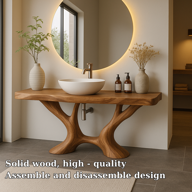 Handcrafted Solid Wood Bathroom Vanity with Artistic Branch Base – Modern Organic Bathroom Design