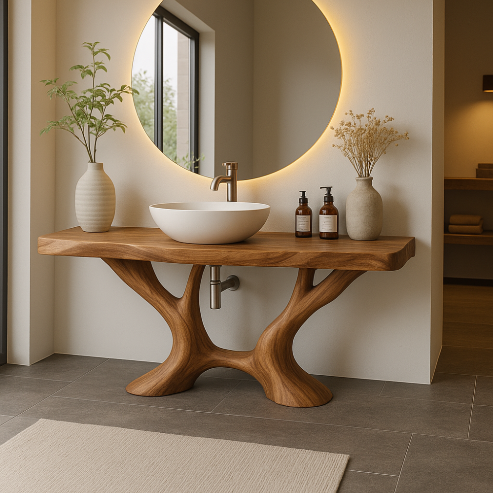 Handcrafted Solid Wood Bathroom Vanity with Artistic Branch Base – Modern Organic Bathroom Design