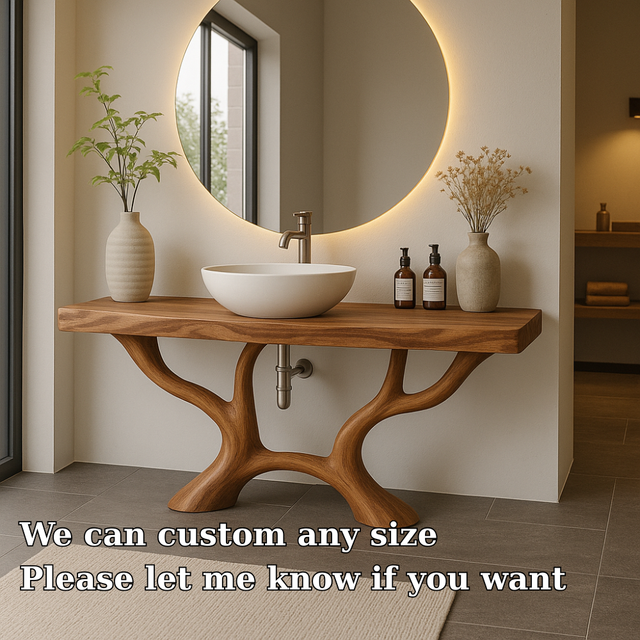 Handcrafted Solid Wood Bathroom Vanity with Organic Branch Design – Modern Natural Elegance