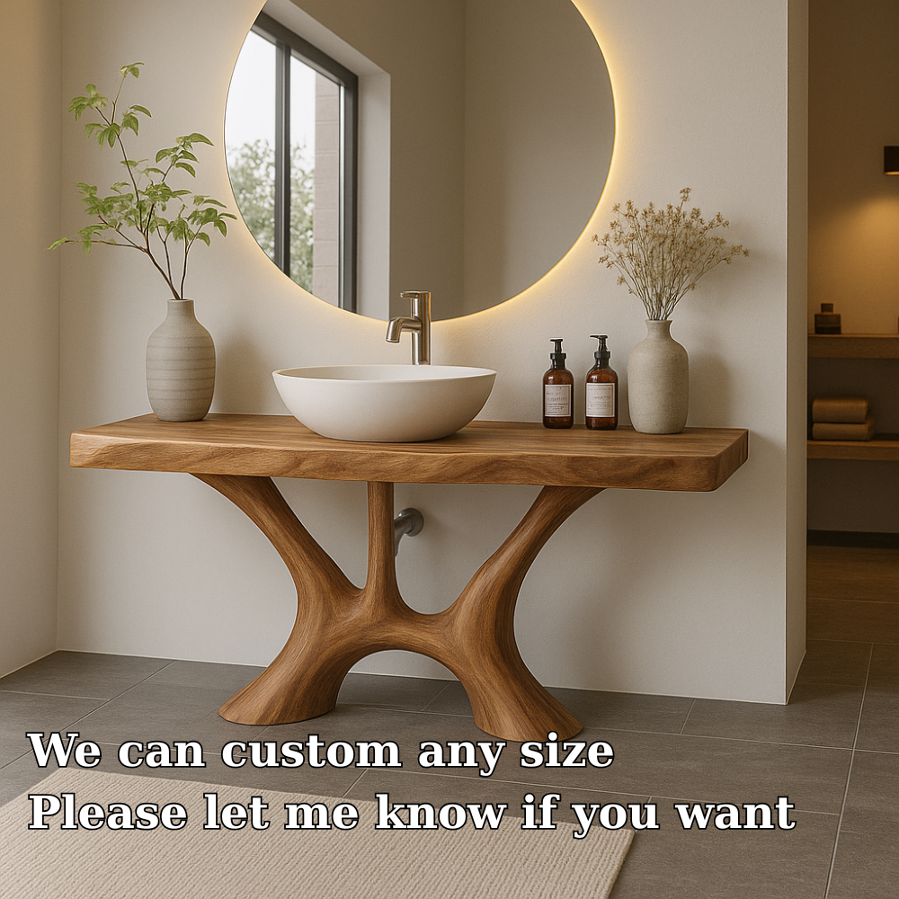 Handcrafted Solid Wood Bathroom Vanity with Organic Flow Design – Modern Natural Aesthetic