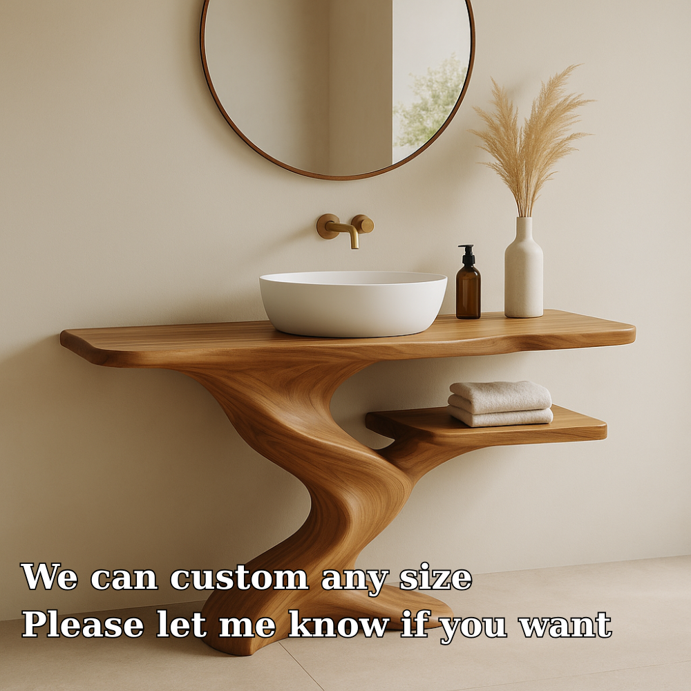 Handcrafted Solid Wood Bathroom Vanity with Organic Wave Design – Modern Minimalist Style