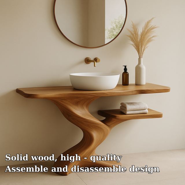 Handcrafted Solid Wood Bathroom Vanity with Organic Wave Design – Modern Minimalist Style