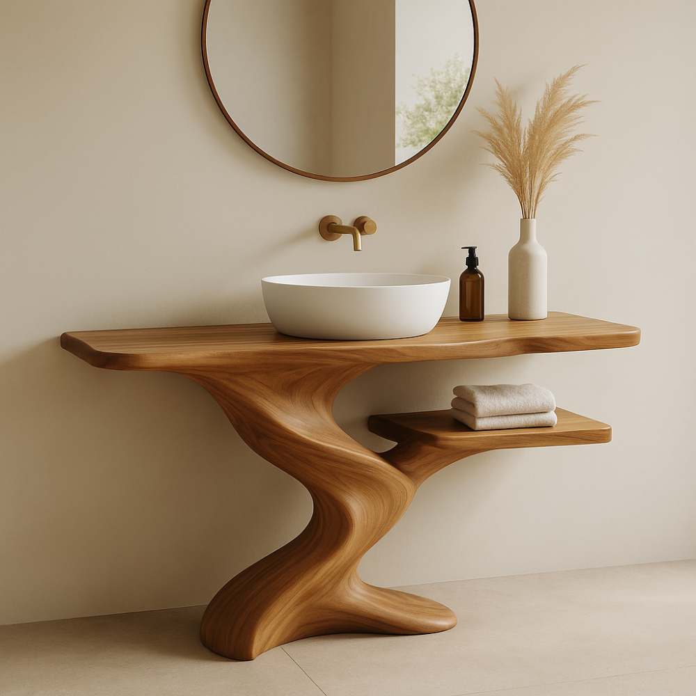 Handcrafted Solid Wood Bathroom Vanity with Organic Wave Design – Modern Minimalist Style