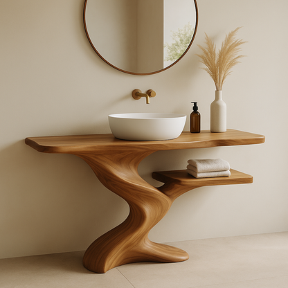 Handcrafted Solid Wood Bathroom Vanity with Organic Wave Design – Modern Minimalist Style