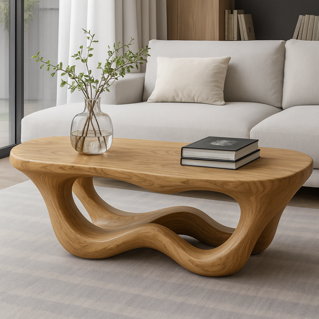 Handcrafted Solid Wood Coffee Table with Organic Flow Design – Modern Sculptural Furniture