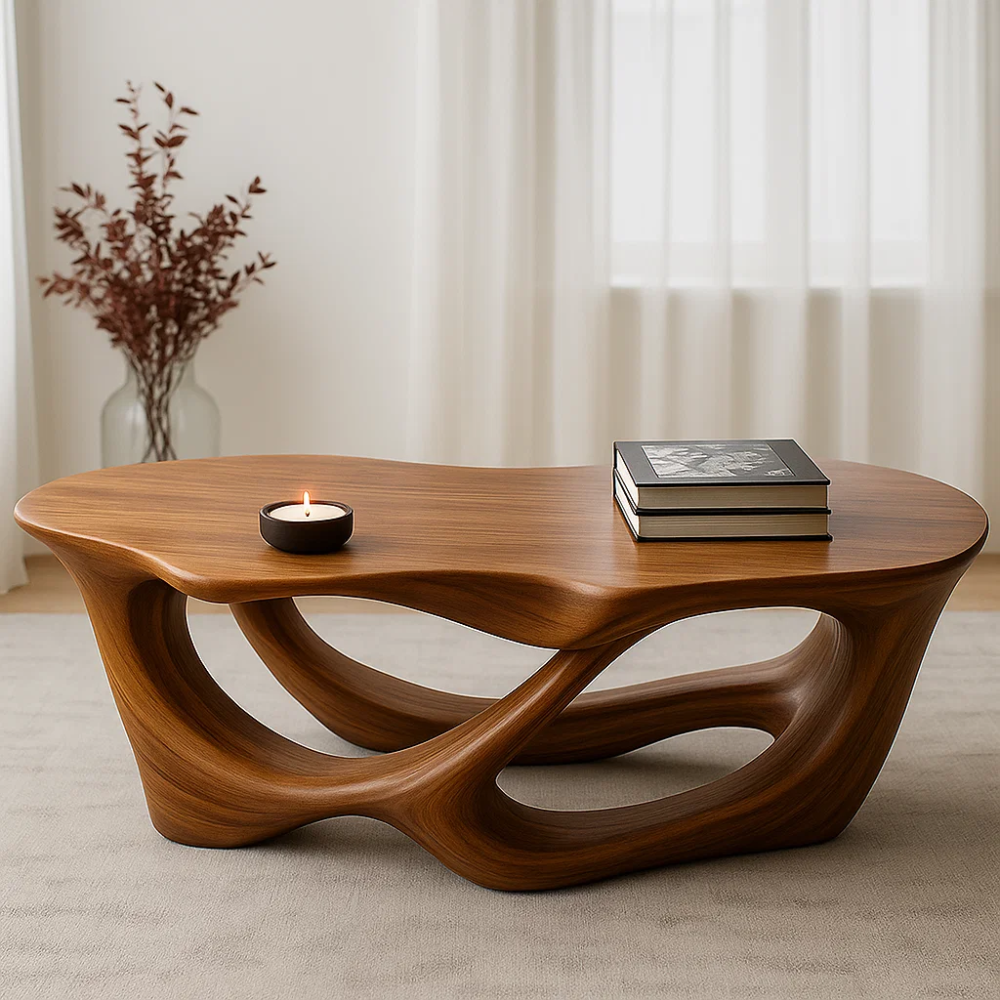 Handcrafted Solid Wood Coffee Table with Fluid Organic Form – Modern Sculptural Centerpiece