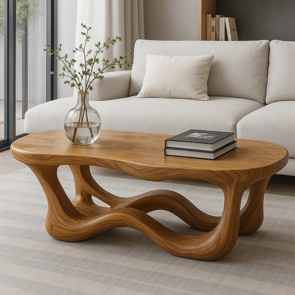 Handcrafted Solid Wood Coffee Table with Organic Wave Base – Modern Artistic Living Room Piece
