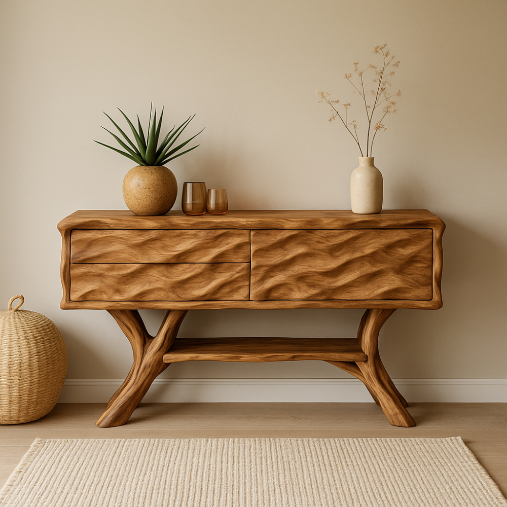 Handcrafted Solid Wood Console Table with Wave Texture Design – Modern Organic Furniture
