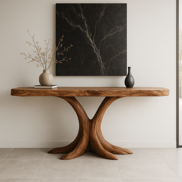 Handcrafted Solid Wood Console Table with Root-Inspired Base – Organic Modern Entryway