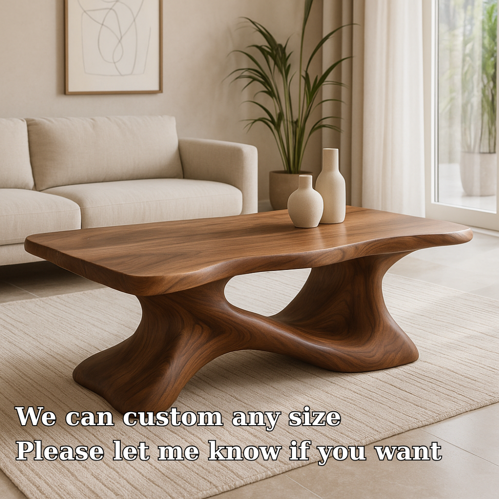 Handcrafted Solid Wood Coffee Table – Sculptural Modern Design with Organic Flowing Form
