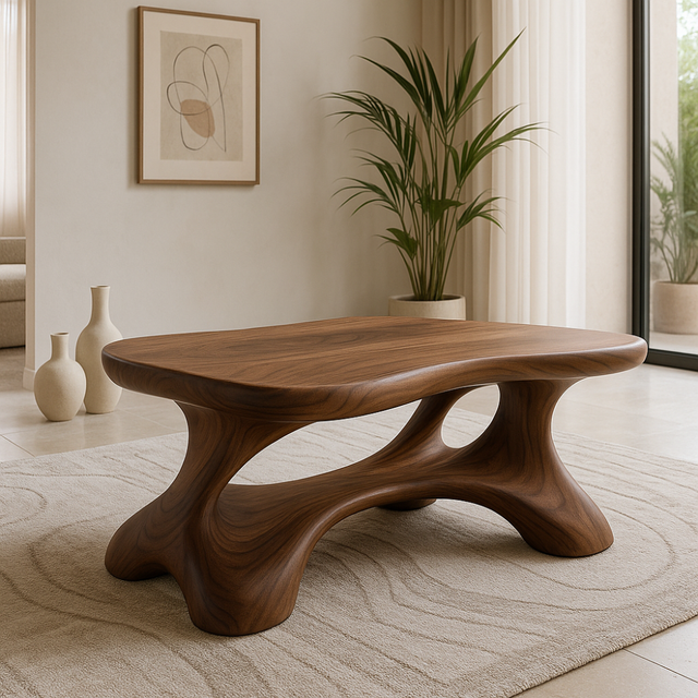Handcrafted Solid Wood Coffee Table – Modern Sculptural Centerpiece with Organic Curves