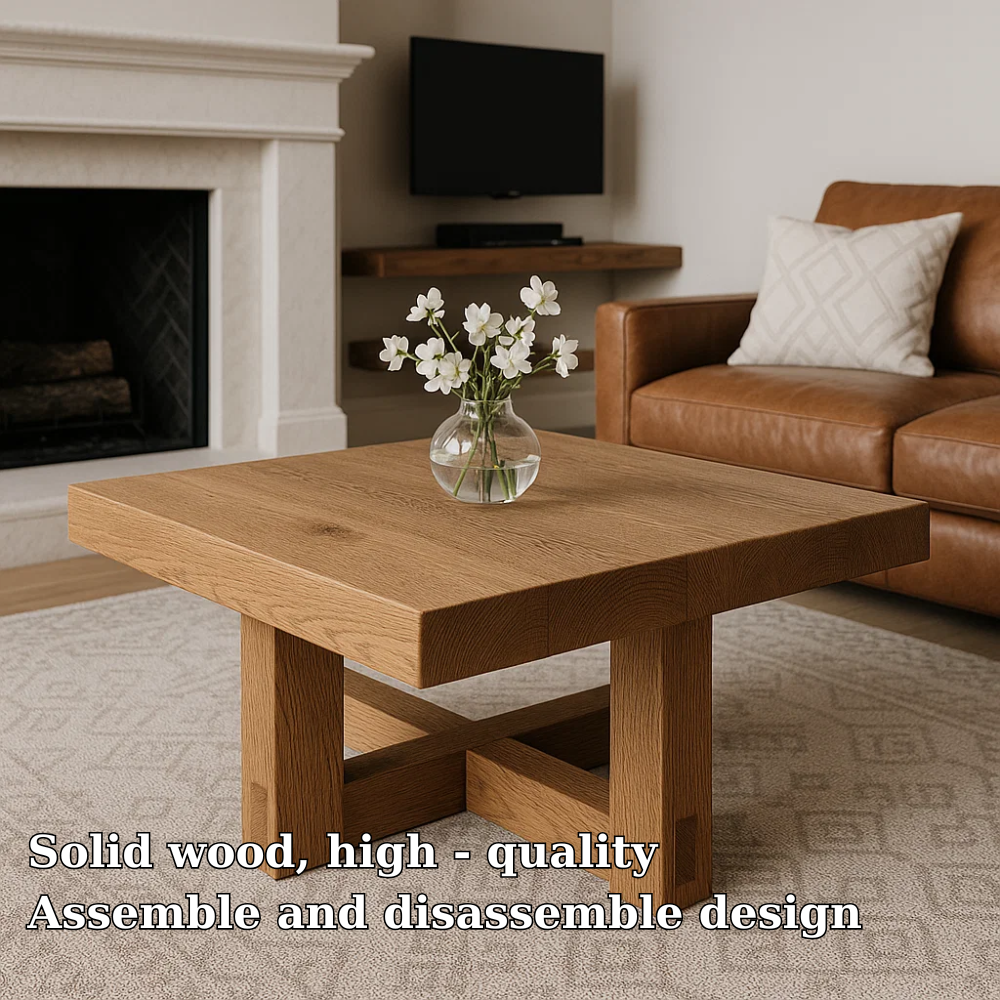 Handcrafted Solid Wood Coffee Table – Modern Minimalist Square Design with Cross Base