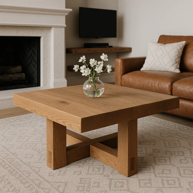 Handcrafted Solid Wood Coffee Table – Modern Minimalist Square Design with Cross Base