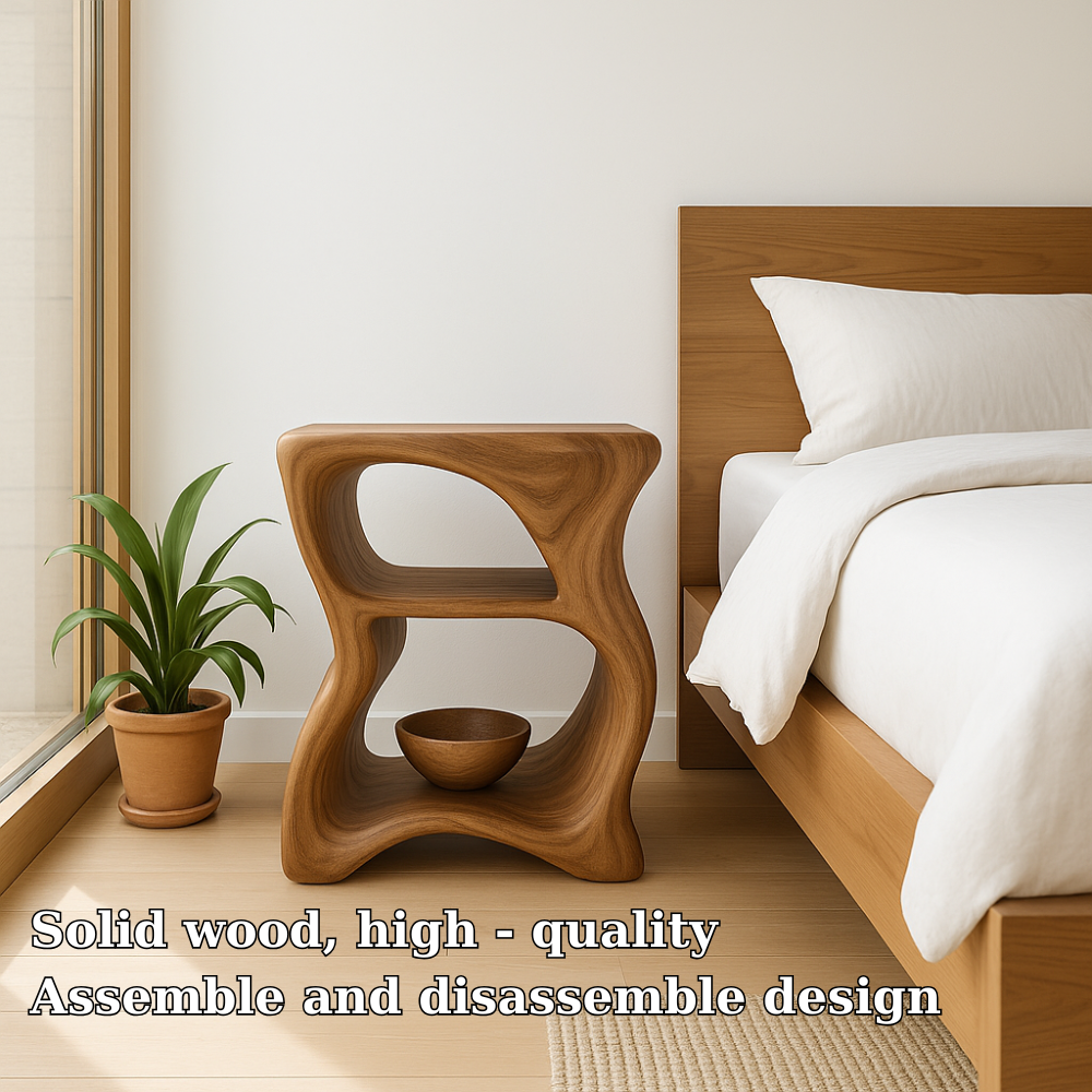 Handcrafted Solid Wood Nightstand – Modern Sculptural Bedside Table with Open Shelves