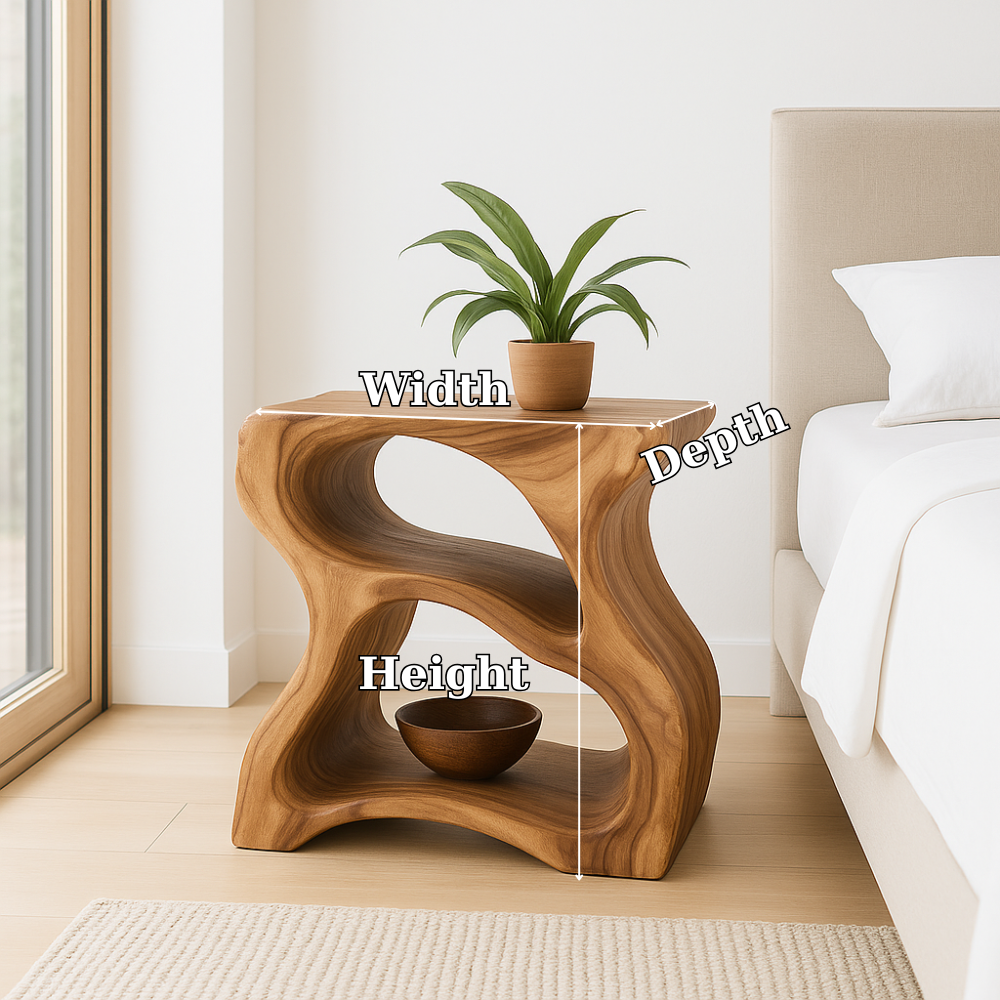 Handcrafted Solid Wood Nightstand – Modern Sculptural Bedside Table with Open Storage