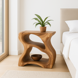 Handcrafted Solid Wood Nightstand – Modern Sculptural Bedside Table with Open Storage