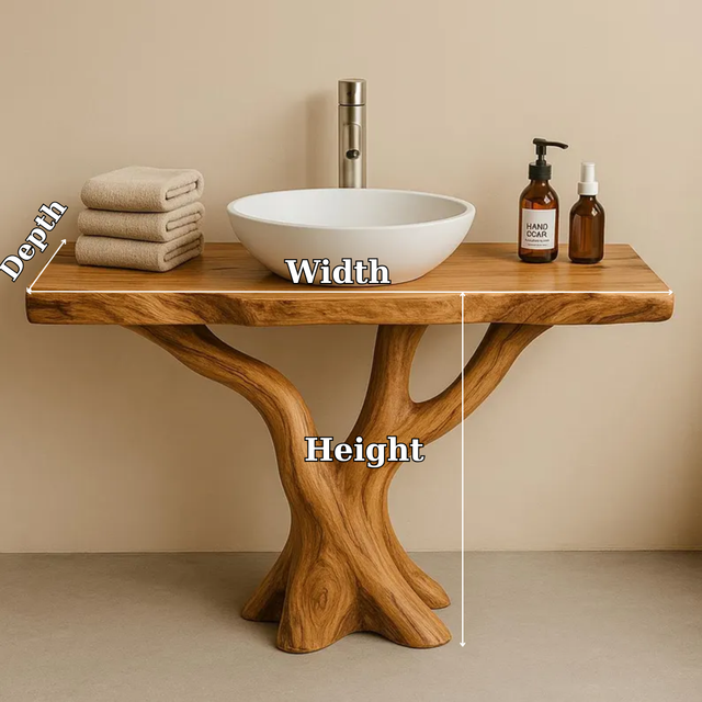 Handcrafted Solid Wood Bathroom Vanity with Tree Design – Natural Organic Sink Console