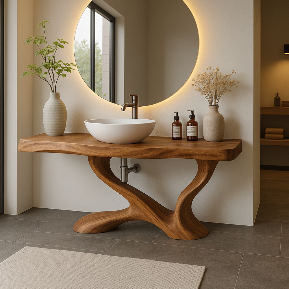 Handcrafted Solid Wood Bathroom Vanity with Sculptural Base – Modern Organic Bathroom Design