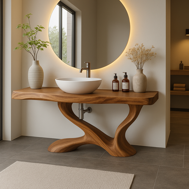 Handcrafted Solid Wood Bathroom Vanity with Sculptural Base – Modern Organic Bathroom Design