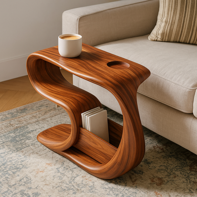 Handcrafted Solid Wood Armrest Table – Sculpted Organic Side Table with Storage Shelf