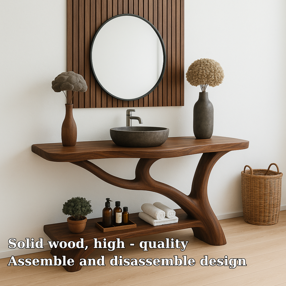 Handcrafted Solid Wood Bathroom Vanity – Organic Sculptural Design with Open Shelf Storage