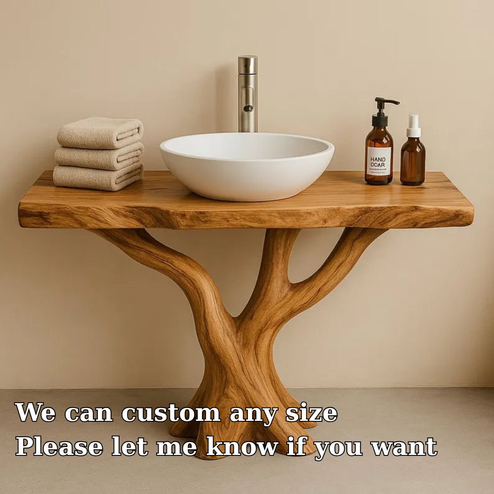 Handcrafted Solid Wood Bathroom Vanity with Tree Design – Natural Organic Sink Console