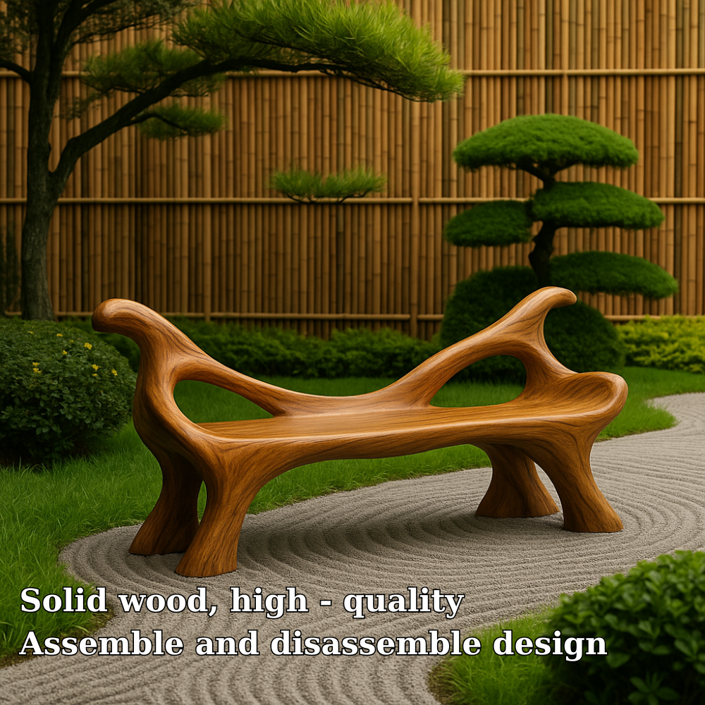 Handcrafted Solid Wood Bench with Backrest – Sculptural Organic Design for Garden & Patio