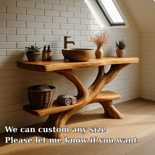 Handcrafted Solid Wood Bathroom Vanity – Rustic Organic Double Shelf Design for Modern Homes
