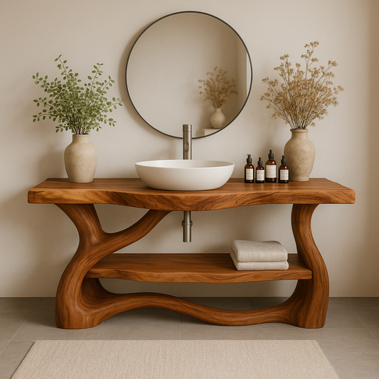 Handcrafted Solid Wood Bathroom Vanity with Organic Flow Design – Modern Natural Elegance