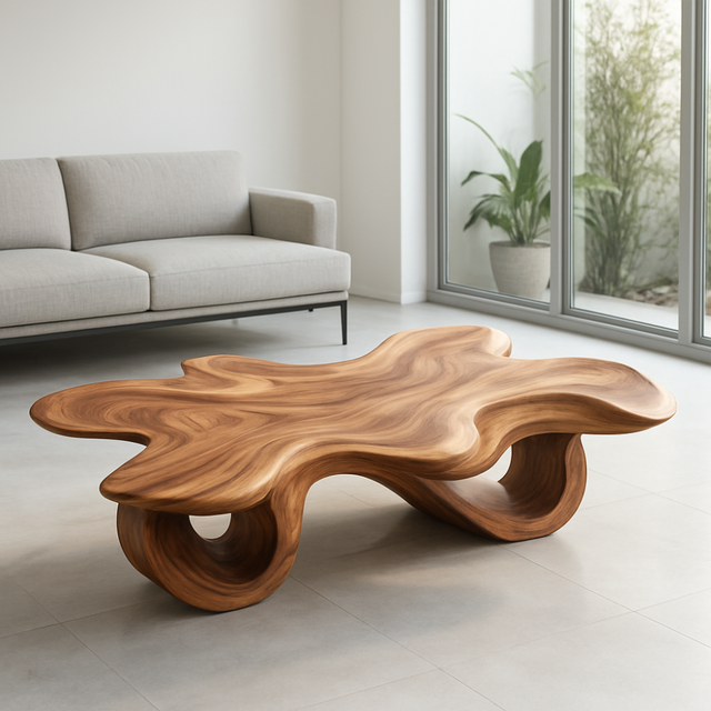 Handcrafted Solid Wood Coffee Table – Organic Sculpted Freeform Design