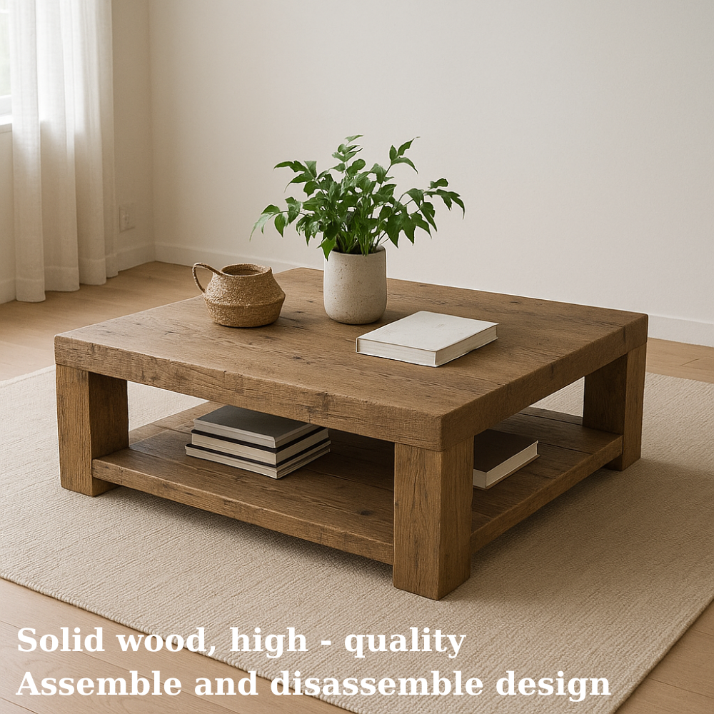 Handcrafted Solid Wood Coffee Table – Rustic Minimalist Square Center Table with Open Shelf for Japandi or Modern Living Room