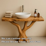 Handcrafted Solid Wood Bathroom Vanity with Tree Design – Natural Organic Sink Console