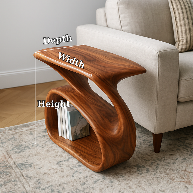 Handcrafted Solid Wood Armrest Table – Organic Curved Sofa Side Table with Storage Shelf