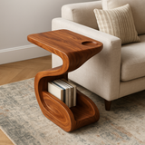 Handcrafted Solid Wood Armrest Table with Sculpted Curve Design and Storage Shelf