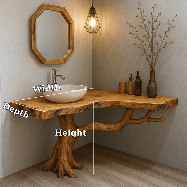 Handcrafted Solid Wood Bathroom Vanity – Organic Tree Branch Base with Live Edge Top