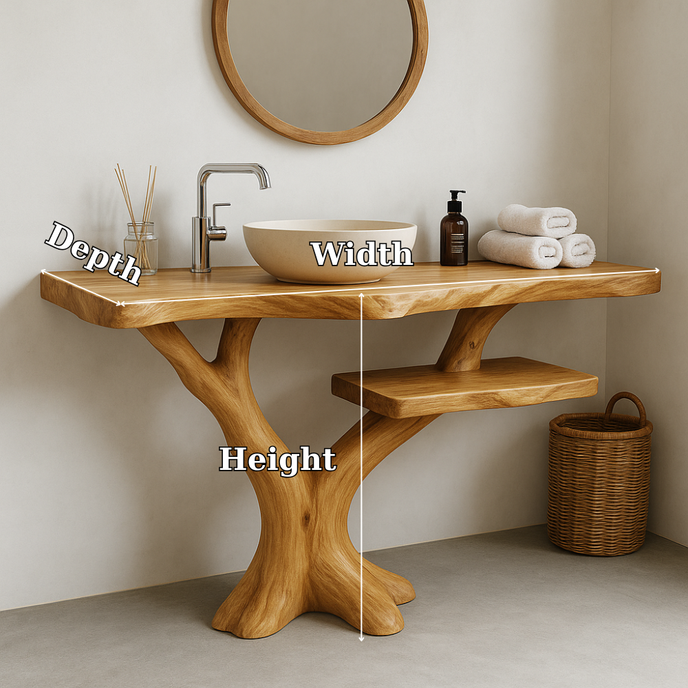 Handcrafted Solid Wood Bathroom Vanity – Natural Tree Form Design with Floating Shelf